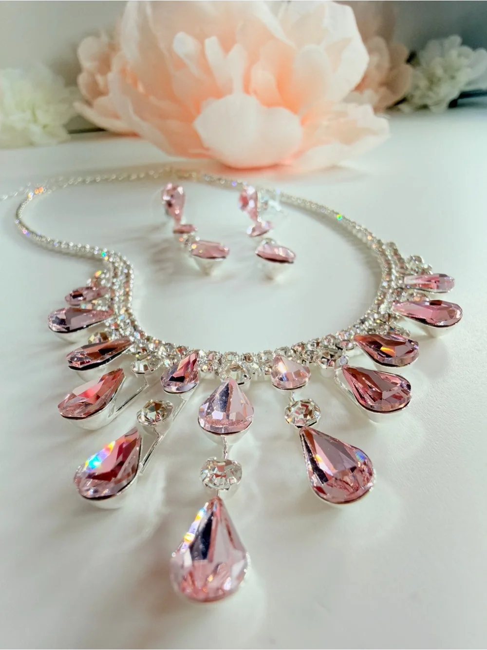 Pink Teardrop Crystal Necklace and Earring Set